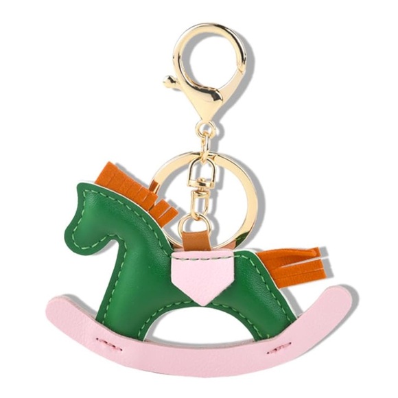 NEW Rocking Horse Pony Bag Charm/ Keychain Leather  Green Pink Orange Cute - Picture 1 of 3